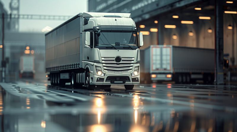 A imagem mostra um caminhão de grande porte estacionado ou em movimento lento em uma área industrial, possivelmente um centro logístico ou doca de carregamento. O chão está molhado, refletindo as luzes ao redor, indicando que choveu recentemente ou ainda está chovendo. Ao fundo, outros caminhões e estruturas industriais aparecem desfocados, criando uma atmosfera fria e urbana. A iluminação suave e os reflexos no asfalto dão um tom moderno e levemente cinematográfico à cena.