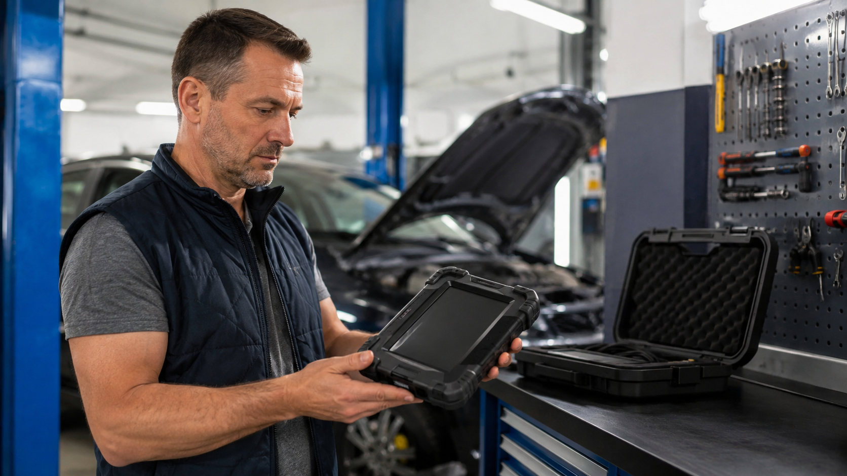 Gestor de oficina avaliando scanner automotivo profissional