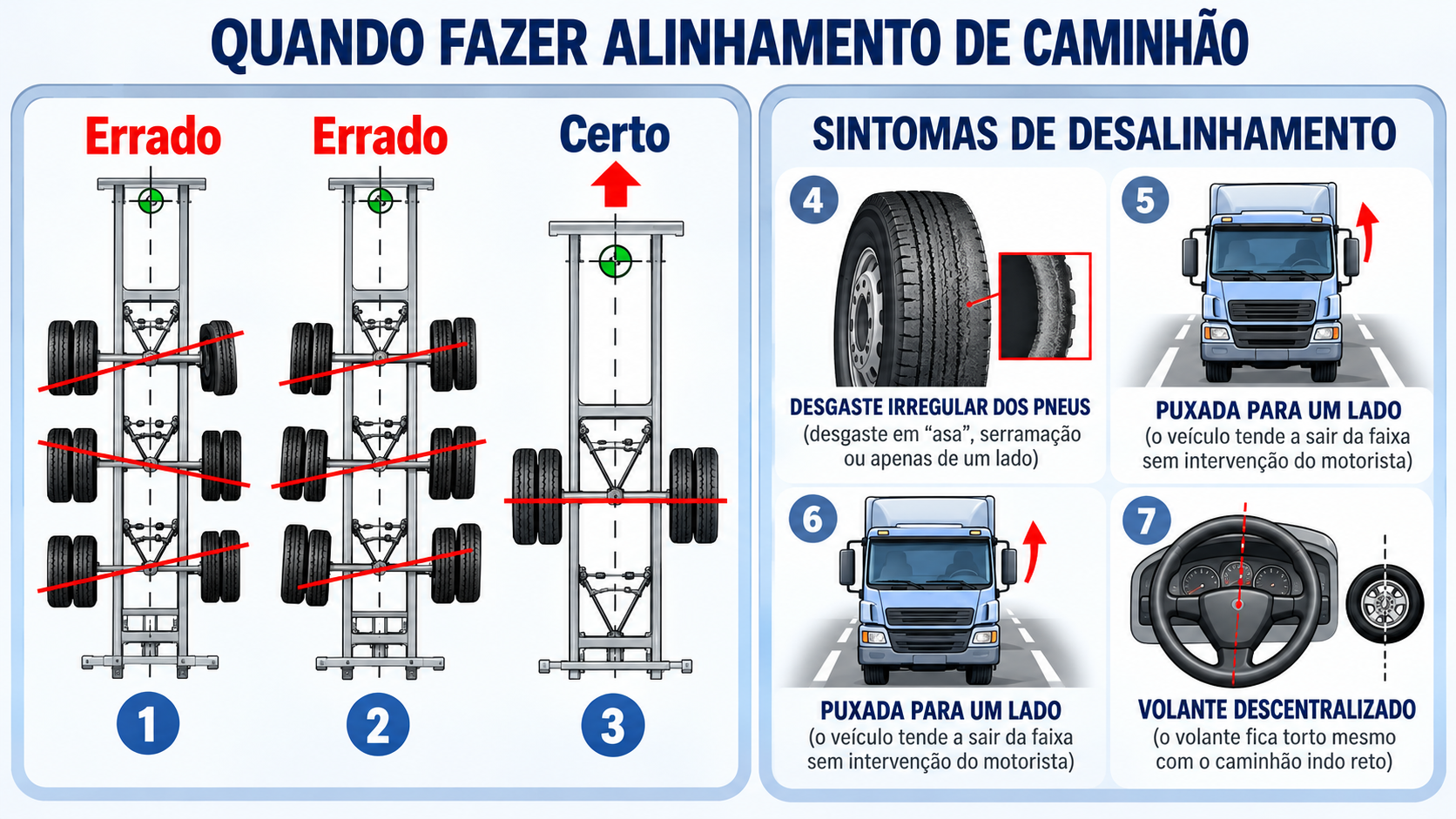 Infográfico com sinais de desalinhamento de caminhão e comparação entre eixos alinhados e desalinhados