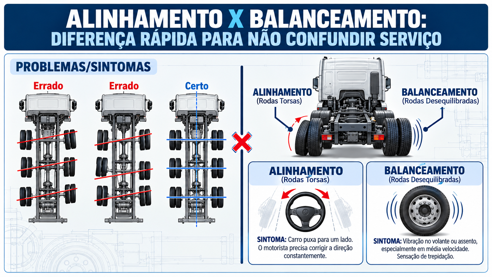 Infográfico comparando alinhamento e balanceamento de caminhão e seus principais sintomas