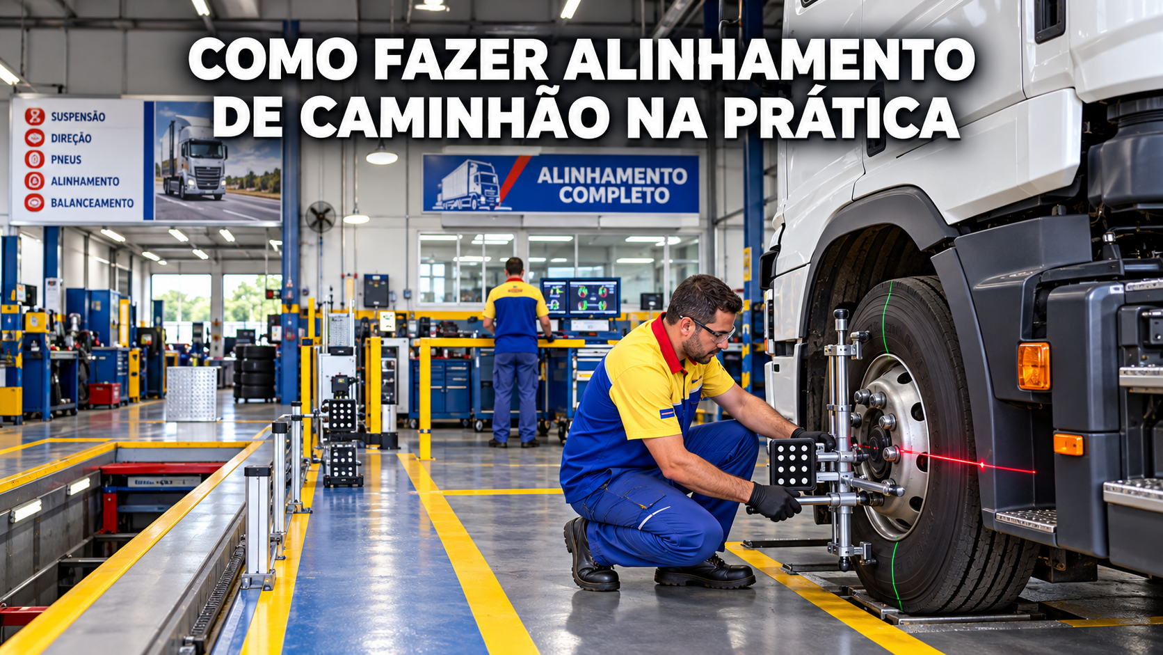 Mecânico realizando alinhamento das rodas de caminhão com equipamento de precisão em oficina especializada