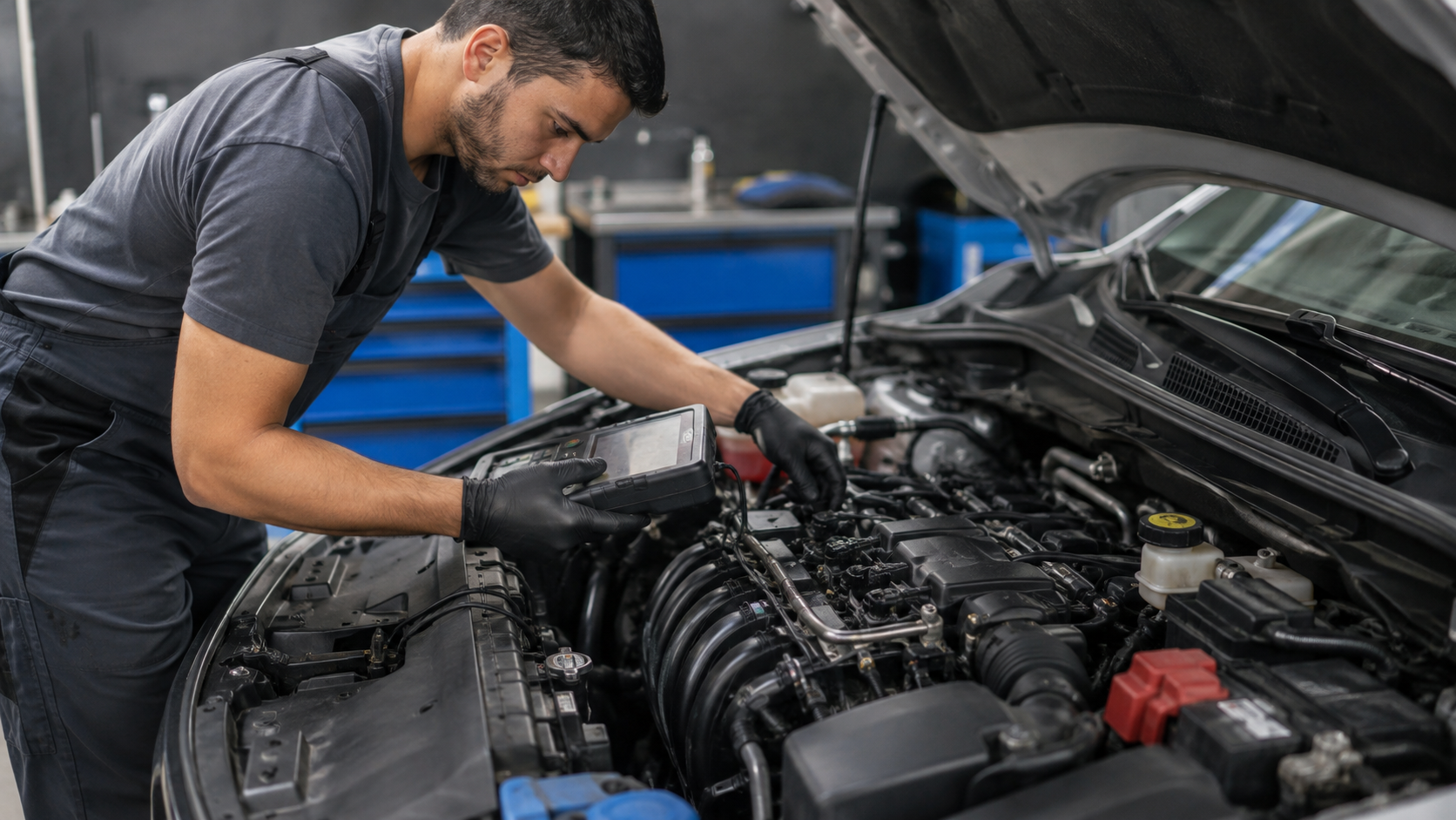 Mecânico realizando diagnóstico de problemas no motor do carro