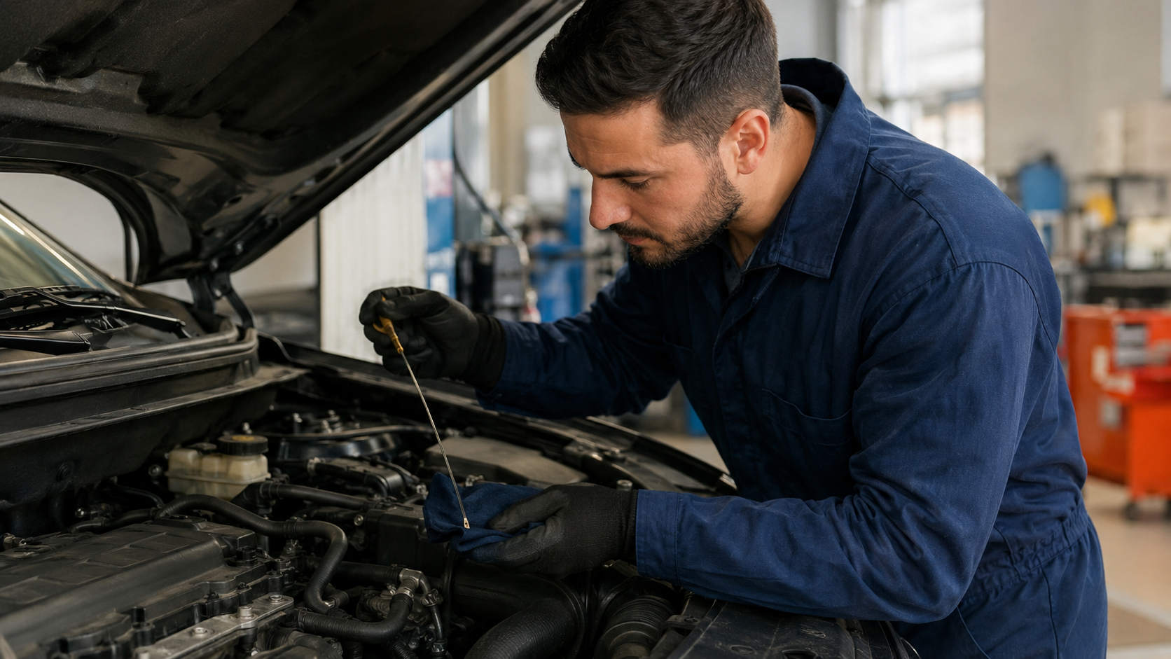 Mecânico realizando revisão preventiva do motor em oficina