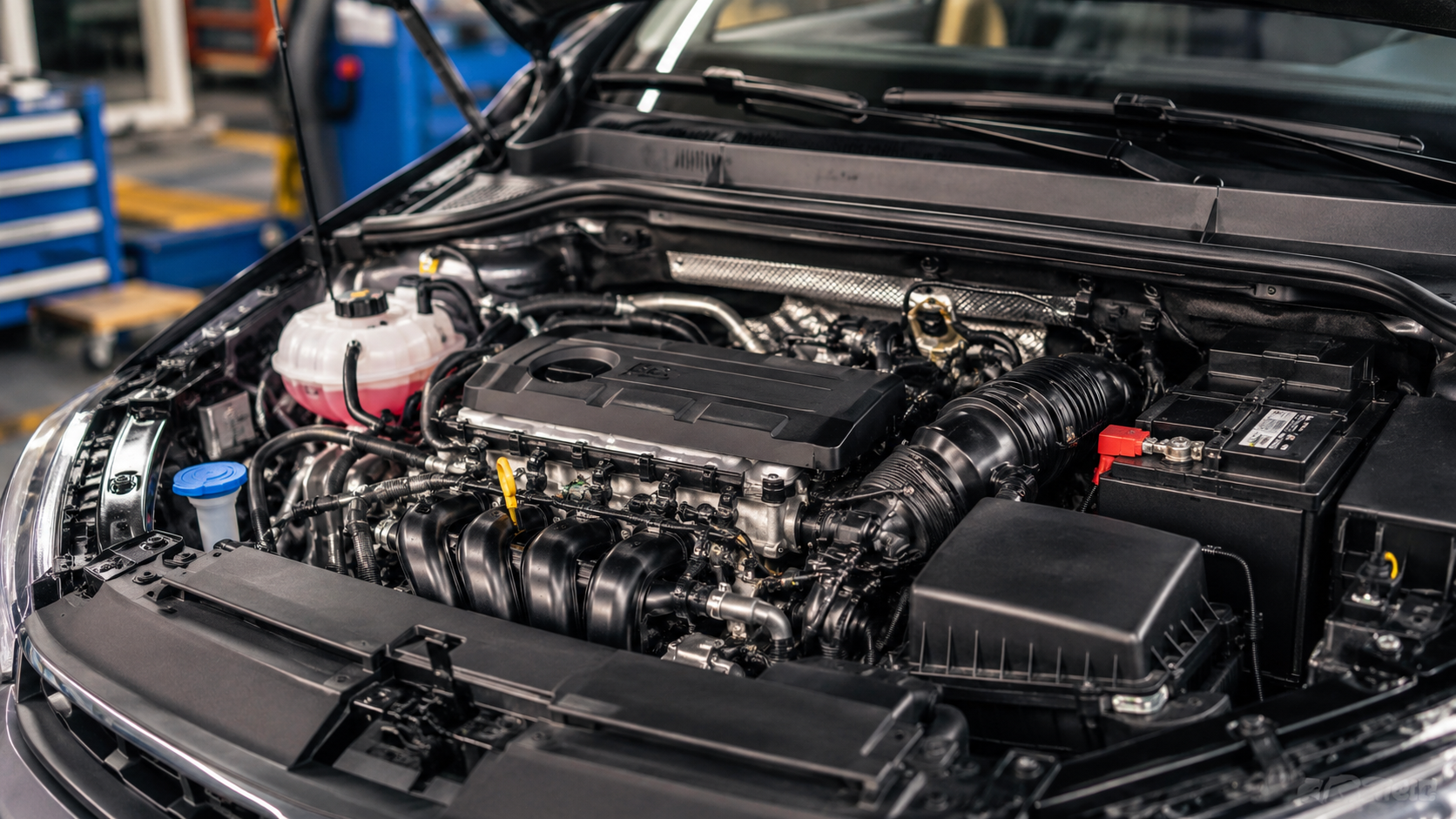 Motor automotivo em funcionamento com componentes internos em destaque