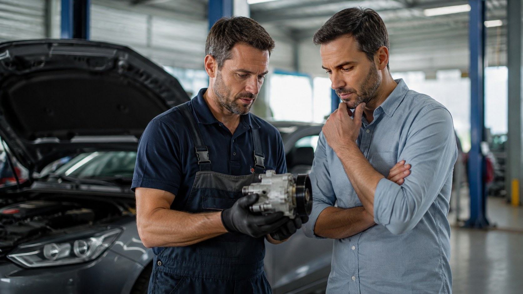 Motorista avaliando peça automotiva antes de autorizar o serviço