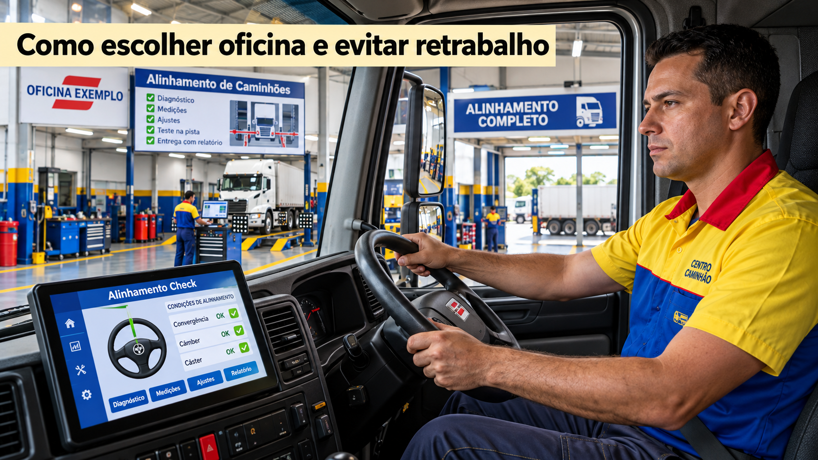 Motorista verificando alinhamento de caminhão em oficina especializada com equipamentos de diagnóstico