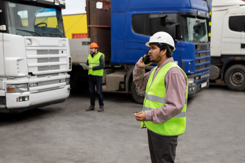 Um trabalhador usando capacete branco e colete refletivo verde está em um pátio industrial, conversando ao telefone celular. Ele parece coordenar operações enquanto observa caminhões estacionados ao seu redor. Ao fundo, outro funcionário com capacete laranja e colete de segurança consulta uma prancheta, reforçando o ambiente de logística e transporte